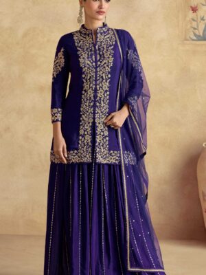 Purple Embroidered Kurta Palazzo Set - Chinon Fabric with Dupatta