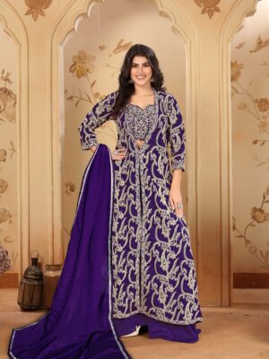 Purple Embroidered A-Line Jacket Palazzo Set with Lace Dupatta