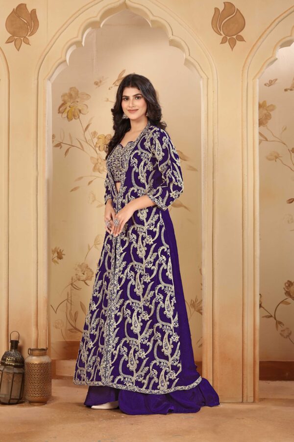 Purple Embroidered A-Line Jacket Palazzo Set with Lace Dupatta