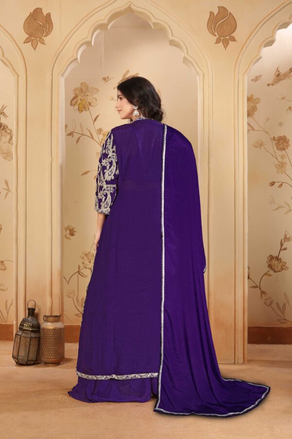 Purple Embroidered A-Line Jacket Palazzo Set with Lace Dupatta