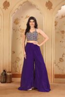 Purple Embroidered A-Line Jacket Palazzo Set with Lace Dupatta