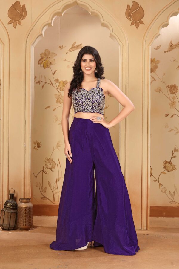 Purple Embroidered A-Line Jacket Palazzo Set with Lace Dupatta