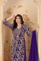 Purple Embroidered A-Line Jacket Palazzo Set with Lace Dupatta