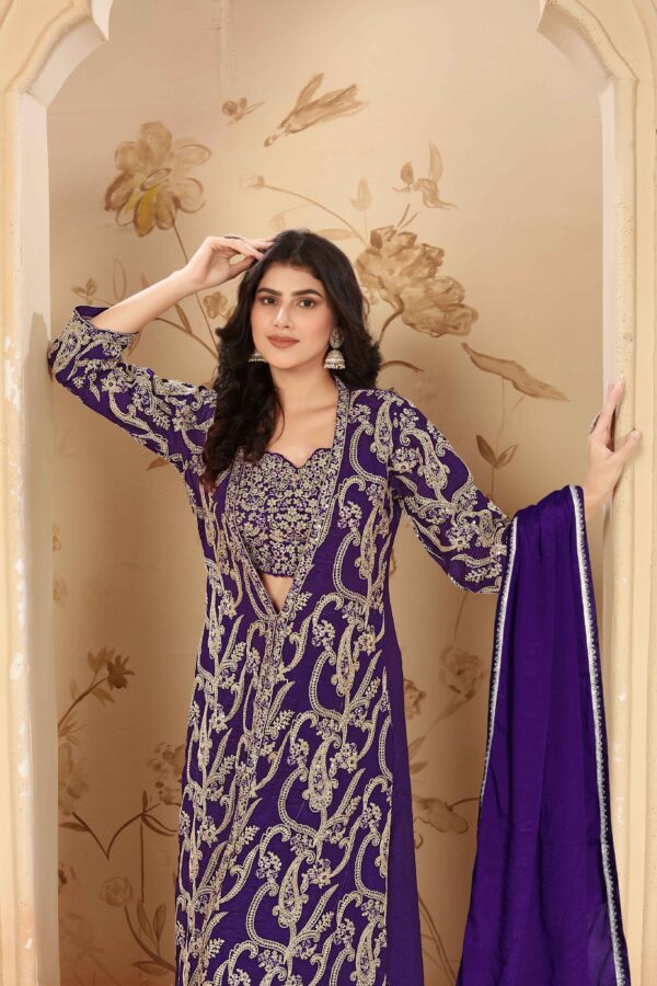 Purple Embroidered A-Line Jacket Palazzo Set with Lace Dupatta