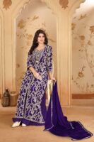 Purple Embroidered A-Line Jacket Palazzo Set with Lace Dupatta