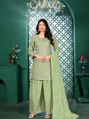Pista Embroidered Kurta Palazzo Set - Chinon Fabric w/ 2.15m Dupatta