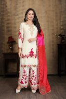 Off White Embroidered Kurta Palazzo Set - Chinon Fabric with Dupatta