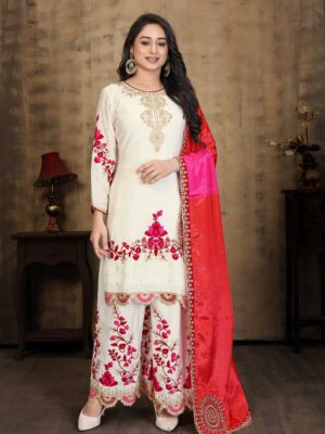 Off White Embroidered Kurta Palazzo Set - Chinon Fabric with Dupatta