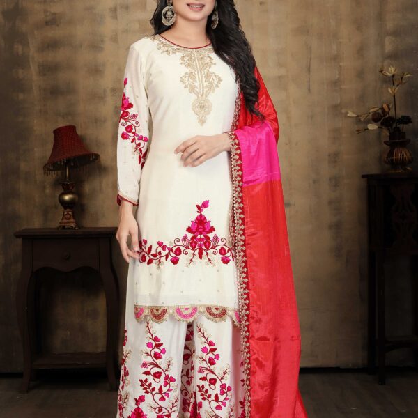 Off White Embroidered Kurta Palazzo Set - Chinon Fabric with Dupatta