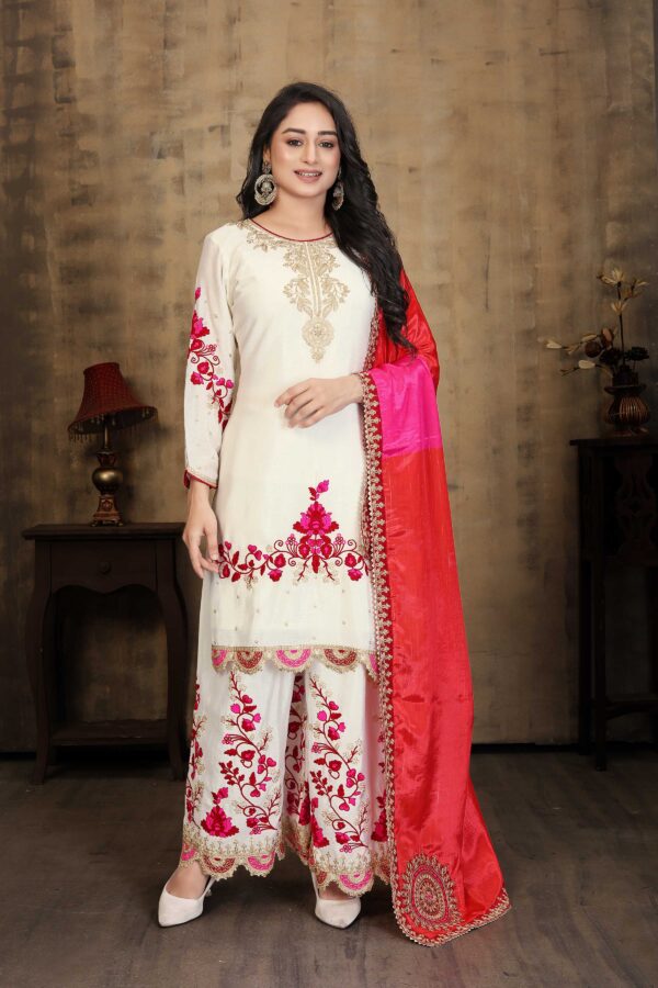 Off White Embroidered Kurta Palazzo Set - Chinon Fabric with Dupatta