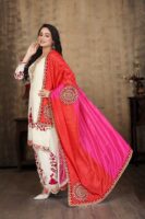 Off White Embroidered Kurta Palazzo Set - Chinon Fabric with Dupatta