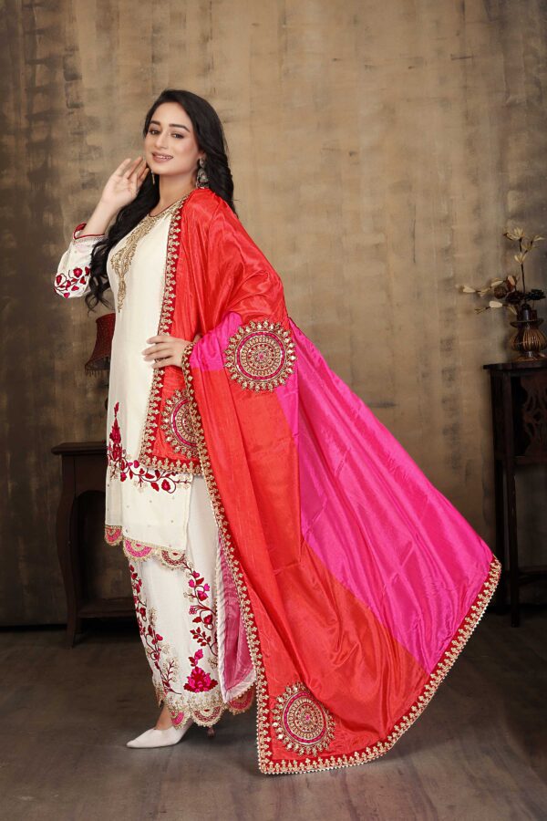 Off White Embroidered Kurta Palazzo Set - Chinon Fabric with Dupatta
