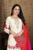 Off White Embroidered Kurta Palazzo Set - Chinon Fabric with Dupatta