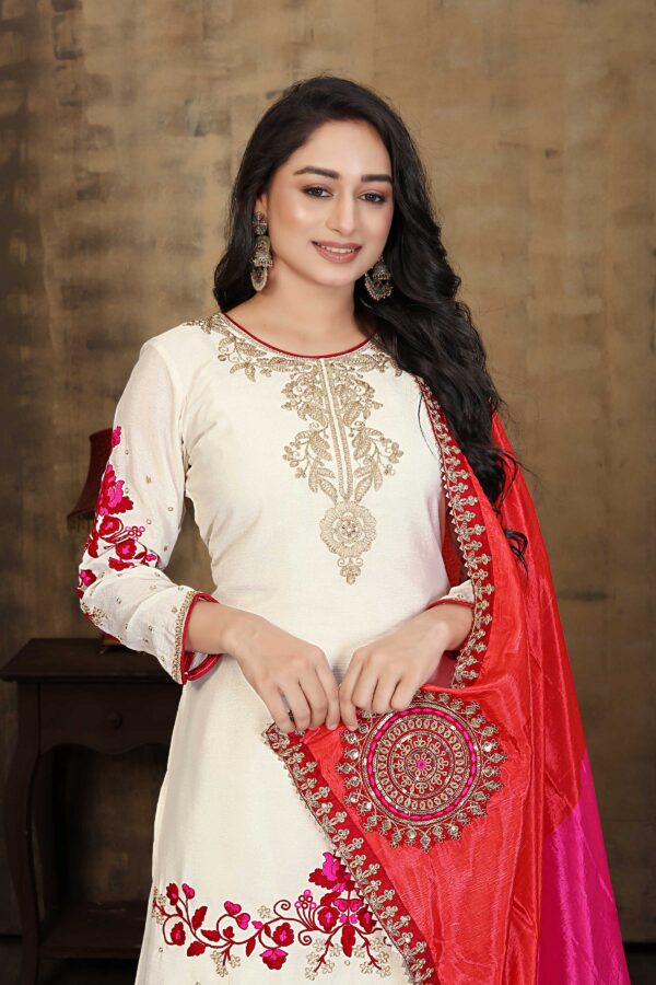 Off White Embroidered Kurta Palazzo Set - Chinon Fabric with Dupatta