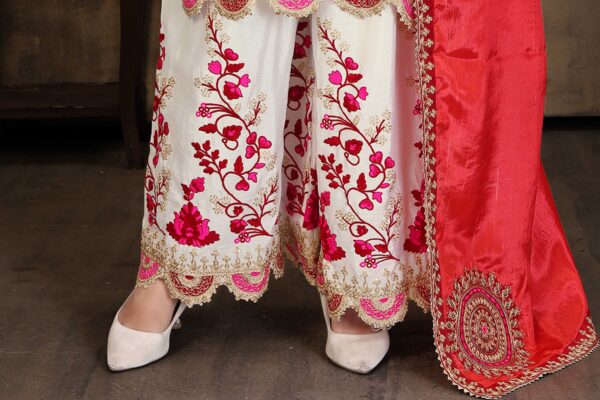 Off White Embroidered Kurta Palazzo Set - Chinon Fabric with Dupatta