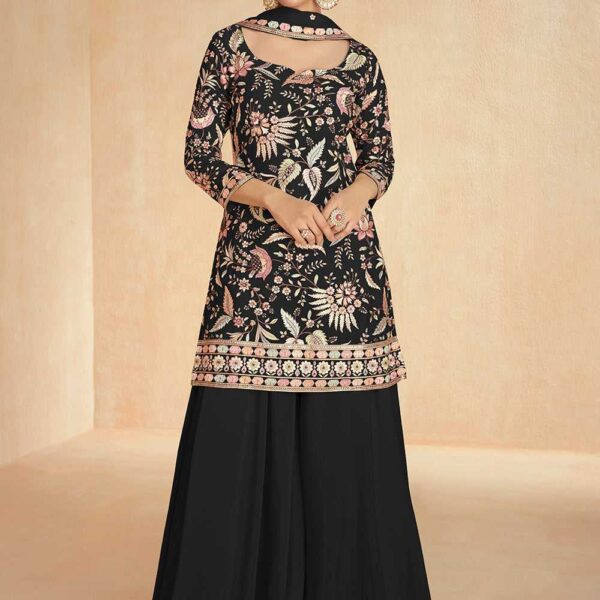 Black Embroidered Kurta Palazzo Set - Chinon Fabric with Dupatta