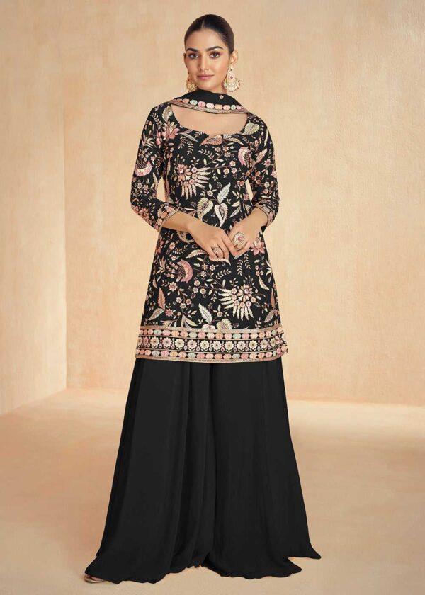 Black Embroidered Kurta Palazzo Set - Chinon Fabric with Dupatta
