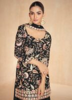 Black Embroidered Kurta Palazzo Set - Chinon Fabric with Dupatta