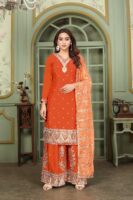 Orange Embroidered Kurta Palazzo Set with Bandhani Dupatta - Chinon