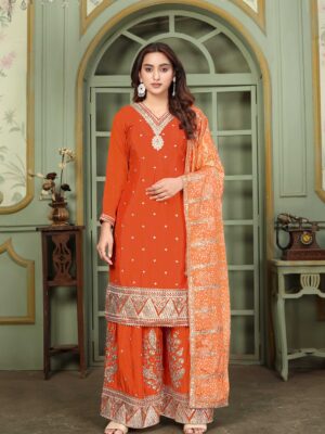 Orange Embroidered Kurta Palazzo Set with Bandhani Dupatta - Chinon