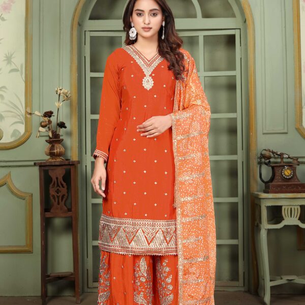 Orange Embroidered Kurta Palazzo Set with Bandhani Dupatta - Chinon