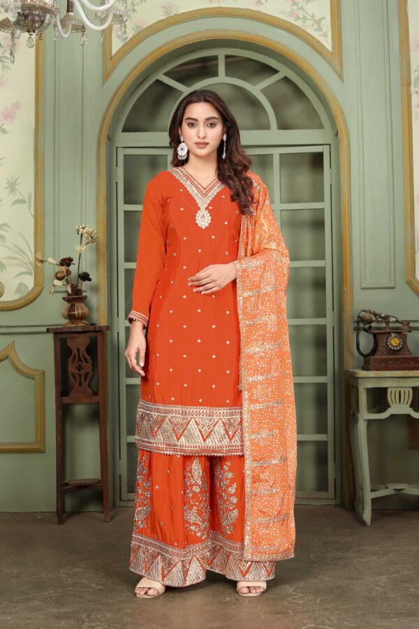 Orange Embroidered Kurta Palazzo Set with Bandhani Dupatta - Chinon