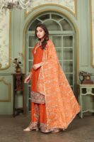 Orange Embroidered Kurta Palazzo Set with Bandhani Dupatta - Chinon