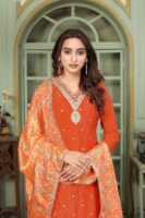 Orange Embroidered Kurta Palazzo Set with Bandhani Dupatta - Chinon
