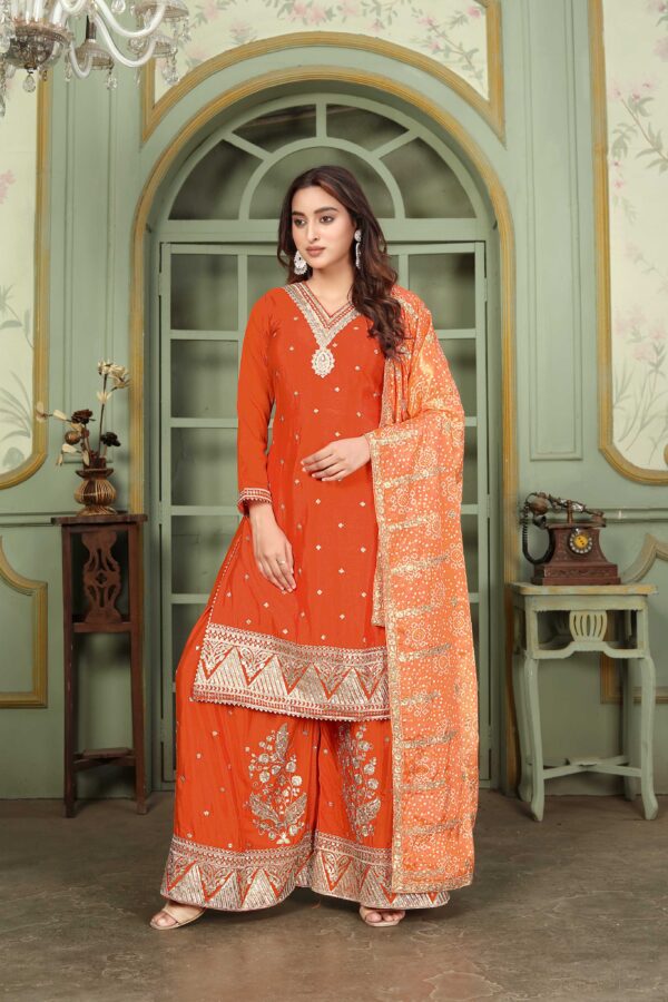 Orange Embroidered Kurta Palazzo Set with Bandhani Dupatta - Chinon