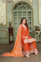 Orange Embroidered Kurta Palazzo Set with Bandhani Dupatta - Chinon