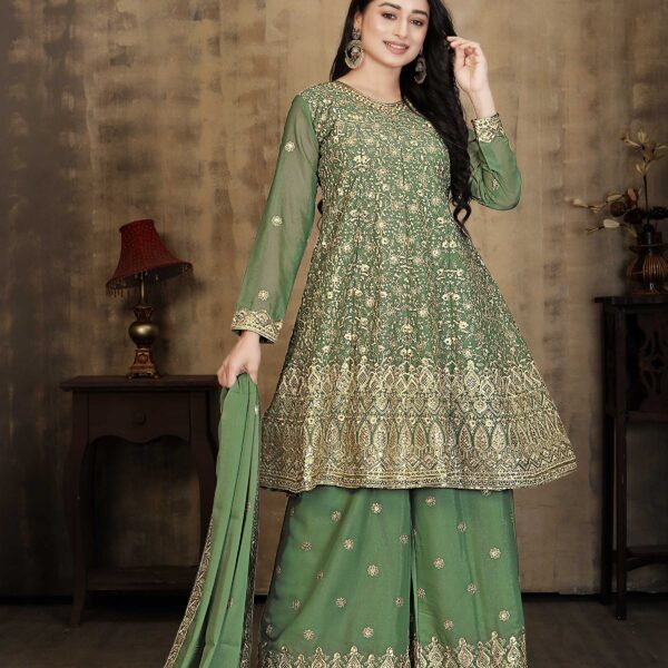 Green Embroidered Georgette Kurta Palazzo Set with Dupatta