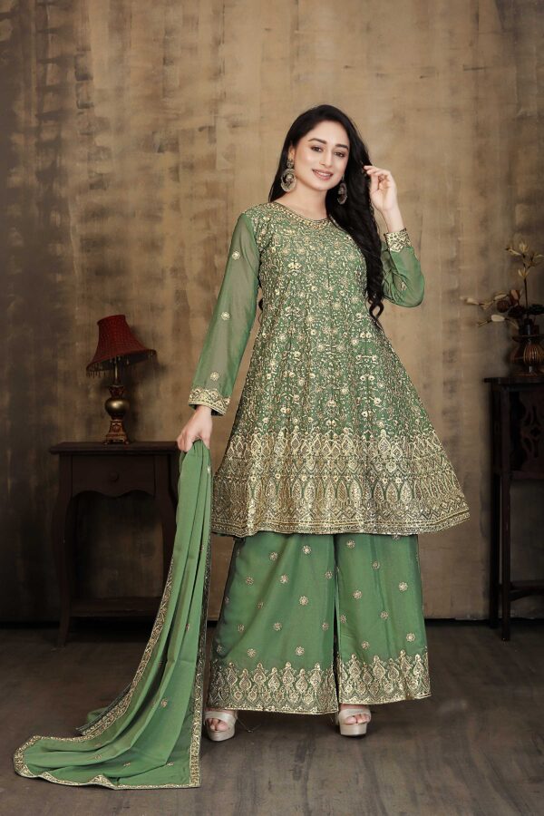 Green Embroidered Georgette Kurta Palazzo Set with Dupatta