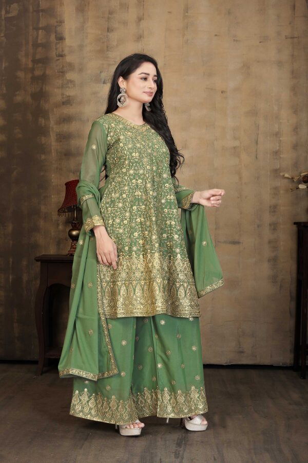 Green Embroidered Georgette Kurta Palazzo Set with Dupatta