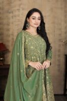 Green Embroidered Georgette Kurta Palazzo Set with Dupatta