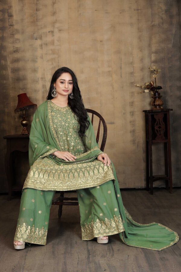 Green Embroidered Georgette Kurta Palazzo Set with Dupatta