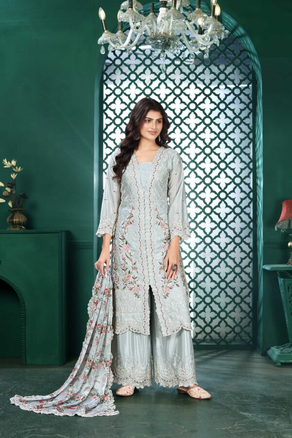 Light Blue Embroidered Kurta Palazzo Set with Printed Dupatta
