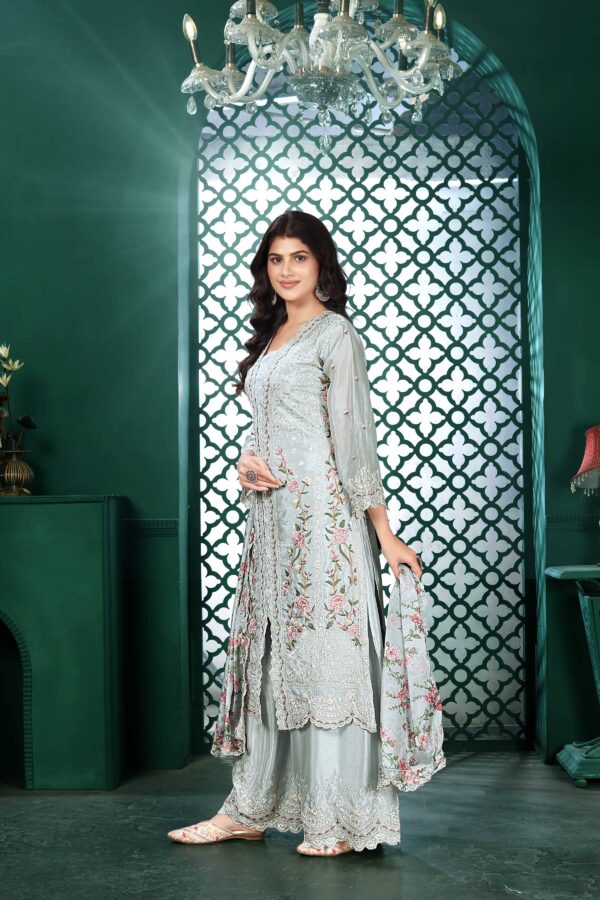 Light Blue Embroidered Kurta Palazzo Set with Printed Dupatta