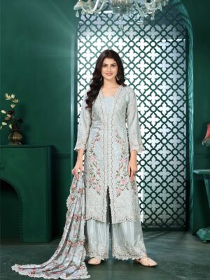 Light Blue Embroidered Kurta Palazzo Set with Printed Dupatta