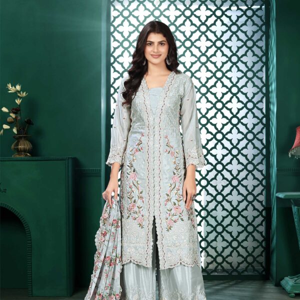Light Blue Embroidered Kurta Palazzo Set with Printed Dupatta