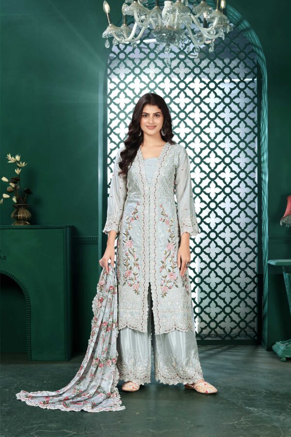 Light Blue Embroidered Kurta Palazzo Set with Printed Dupatta