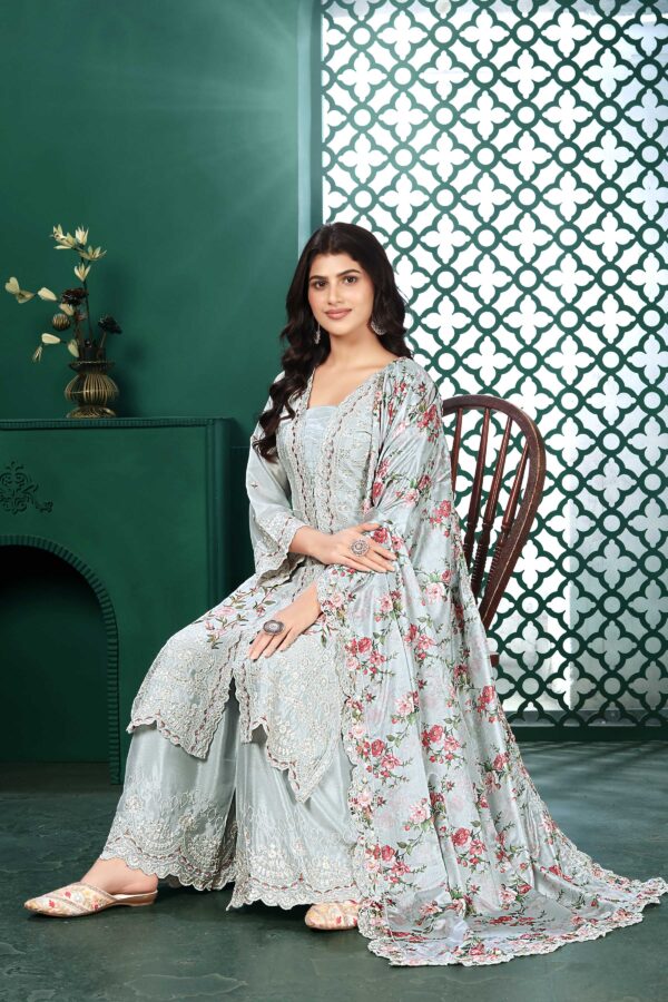 Light Blue Embroidered Kurta Palazzo Set with Printed Dupatta