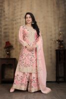 Light Pink Embroidered Kurta Palazzo Set - Chinon Fabric with 2.15m Dupatta