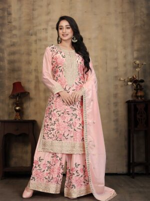 Light Pink Embroidered Kurta Palazzo Set - Chinon Fabric with 2.15m Dupatta