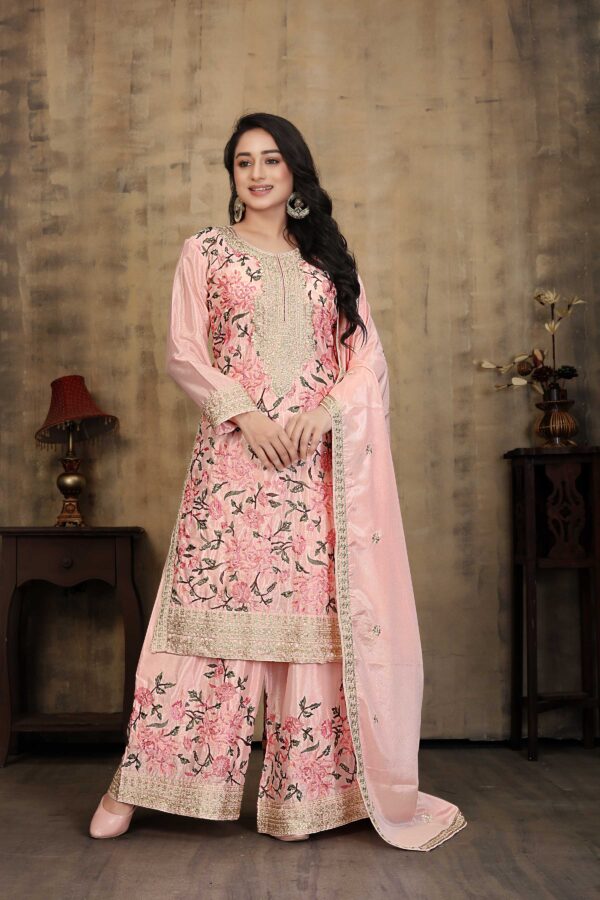 Light Pink Embroidered Kurta Palazzo Set - Chinon Fabric with 2.15m Dupatta