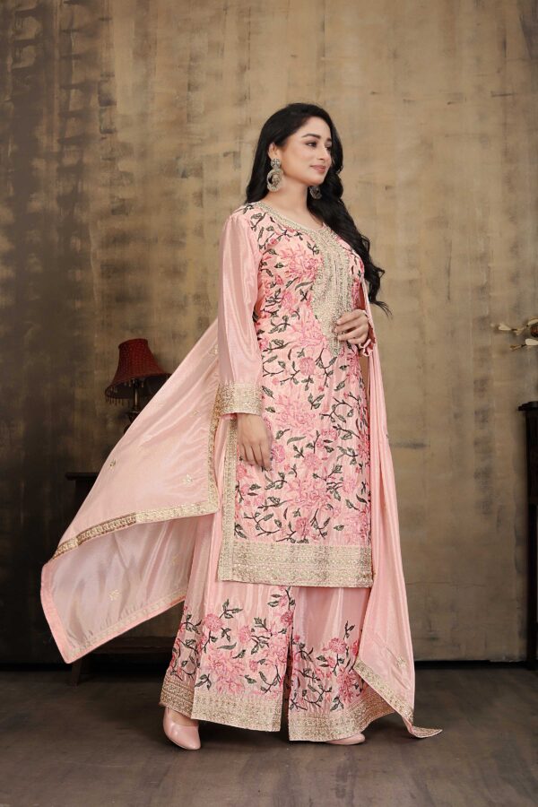 Light Pink Embroidered Kurta Palazzo Set - Chinon Fabric with 2.15m Dupatta