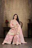Light Pink Embroidered Kurta Palazzo Set - Chinon Fabric with 2.15m Dupatta