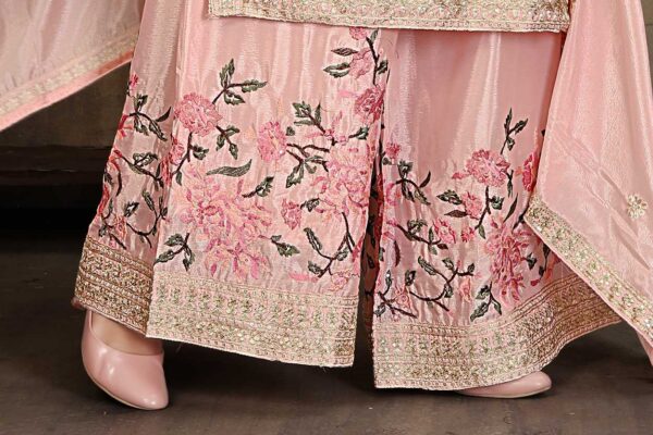 Light Pink Embroidered Kurta Palazzo Set - Chinon Fabric with 2.15m Dupatta