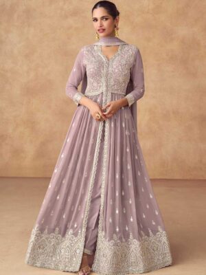 Light Purple Embroidered Anarkali Kurta Palazzo Set - Vichitra Silk