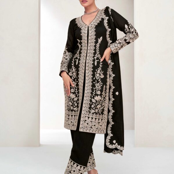 Elegant Black Embroidered Kurta Palazzo Set – Premium Chinon Fabric