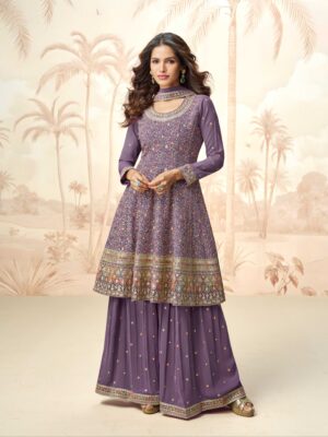 Purple Embroidered A-Line Kurta Palazzo Set - Chinon Fabric & Dupatta
